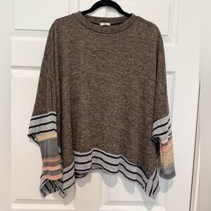 Striped Brown Poncho Sweater with Multicolor Accents
